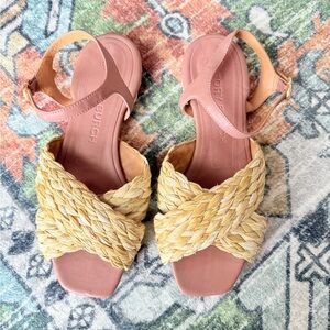 Tory Burch Kira raffia Straw Block Heel Ankle Strap sandals Size 10